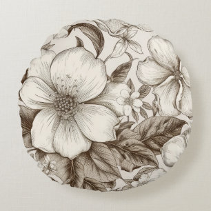 Cojín Redondo Patrón de Sepia Floral Vintage (14)