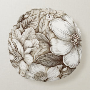 Cojín Redondo Patrón de Sepia Floral Vintage (15)