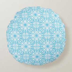 Cojín Redondo Patrón de simetría geométrica azul blanco luz bril