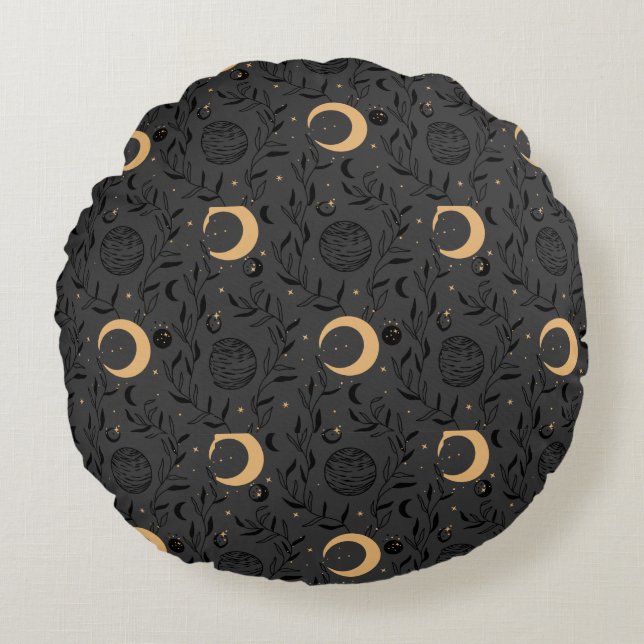 Cojín Redondo Patrón de Sol y Luna Celestiales (Anverso)
