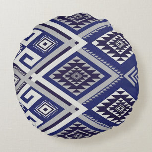 Cojín Redondo Patrón de Superficie con Motivo Tribal Azul Marino
