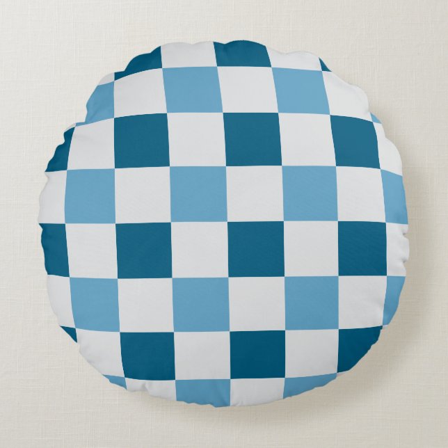 Cojín Redondo Patrón De Tablero Blanco Y Azul (Anverso)
