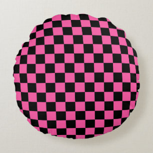 Cojín Redondo Patrón de tablero de ajedrez negro y rosa