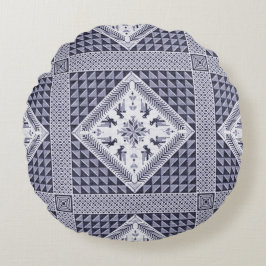 Cojín Redondo Patrón de Tatreez blanco y azul vintage