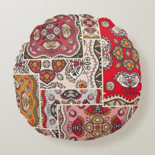 Cojín Redondo patrón de tejido de retazos vintage. Decoración de