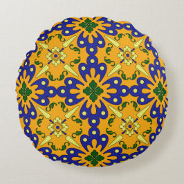Cojín Redondo Patrón De Tile Español Azul Y Amarillo naranja