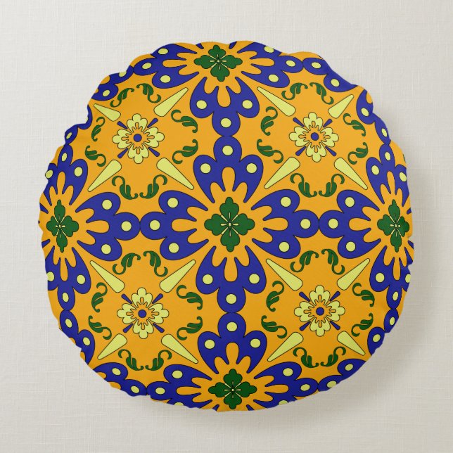 Cojín Redondo Patrón De Tile Español Azul Y Amarillo naranja (Anverso)