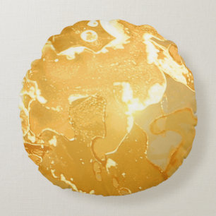 Cojín Redondo Patrón de tinta de mármol amarillo dorado