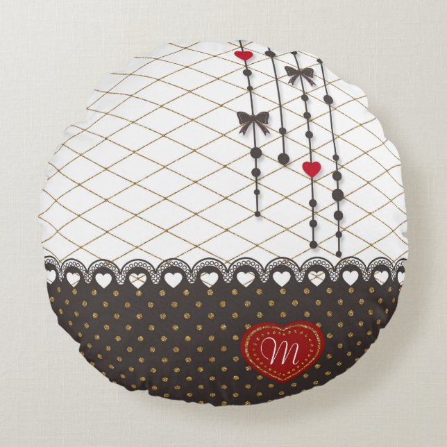 Cojín Redondo Patrón de trazos de purpurina de oro de encaje de  (Anverso)