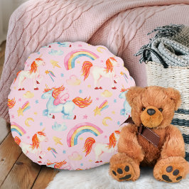 Cojín Redondo Patrón de unicornio rosado de niñas con nombre