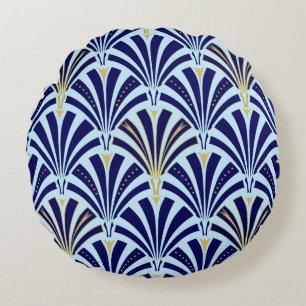 Cojín Redondo Patrón de ventilador Art Deco - azul cobalto y azu