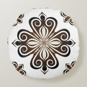 Cojín Redondo Patrón decorativo de motivos barrocos marrones con