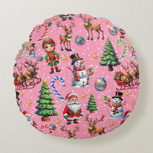 Cojín Redondo Patrón decorativo de Navidad con fondo rosa
