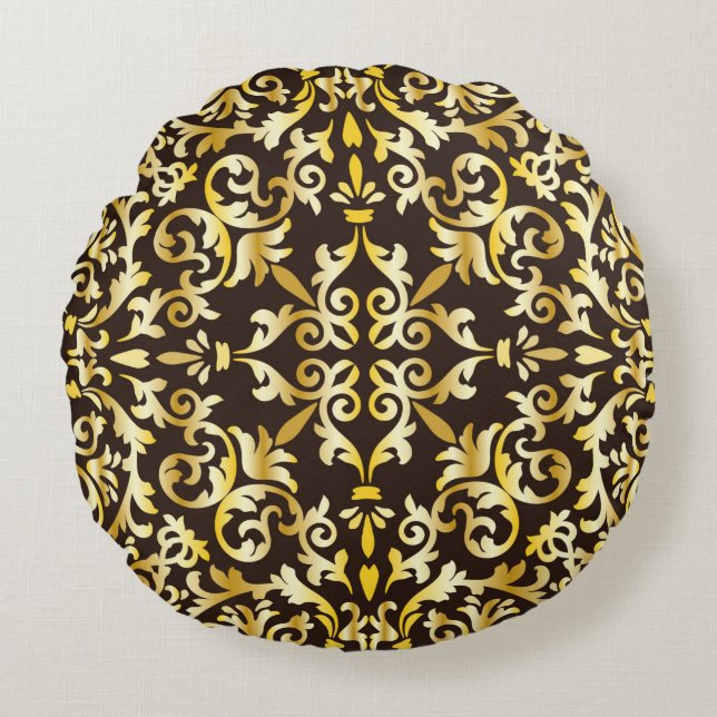 Cojín Redondo Patrón dorado barroco sin fisuras sobre fondo negr (Anverso)
