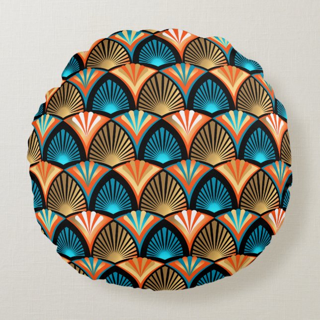 Cojín Redondo Patrón dorado de hojas de palma geométricas en Art (Anverso)