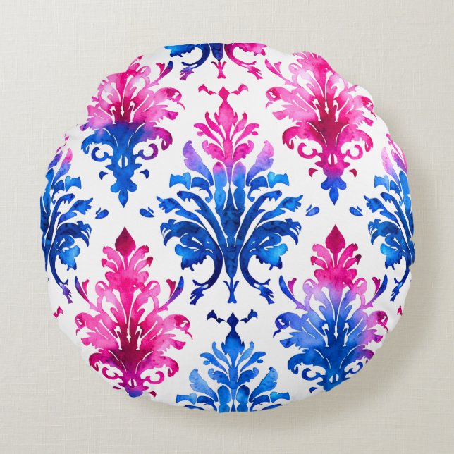 Cojín Redondo Patrón elegante de damasco floral rosado (Anverso)