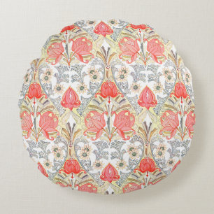 Cojín Redondo Patrón elegante de flores rojas de coral de época