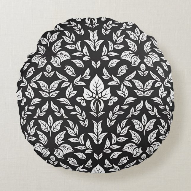 Cojín Redondo Patrón elegante de hoja blanca y negra (Anverso)
