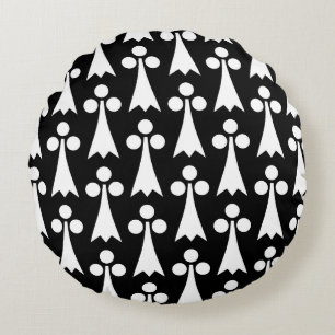 Cojín Redondo Patrón Ermine, patrón medieval, blanco sobre negro