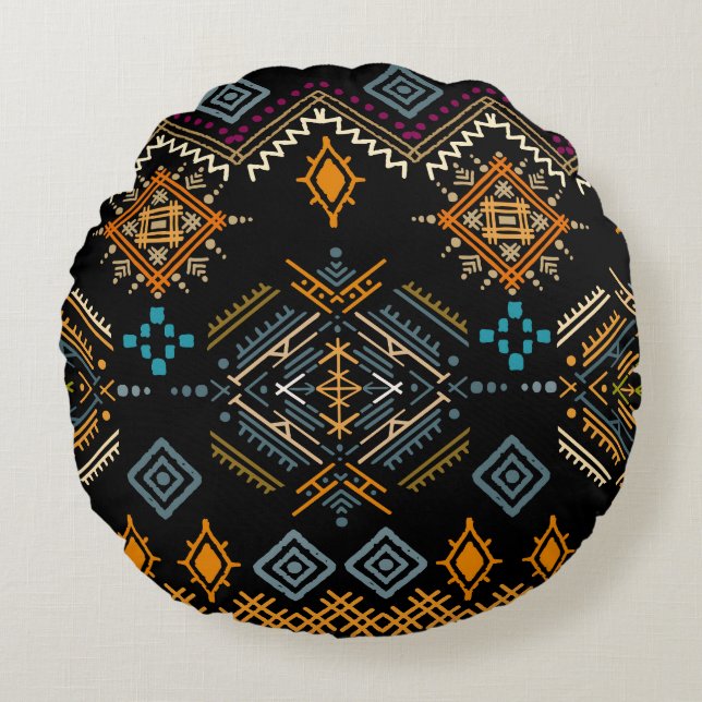 Cojín Redondo Patrón étnico de ornamento boho sin foco (Anverso)