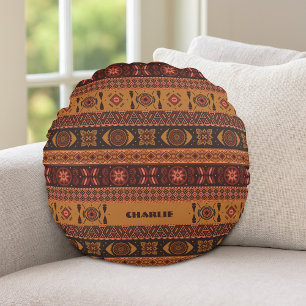 Cojín Redondo Patrón Étnico Tribal Boho de Terracota Tradicional