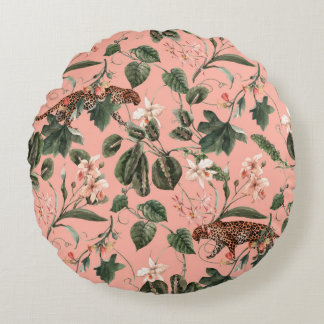 Cojín Redondo Patrón exótico tropical acuarela con orquídea, gr