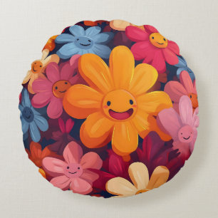 Cojín Redondo Patrón feliz de flores de colores