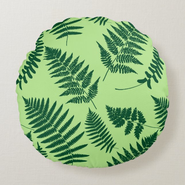 Cojín Redondo Patrón Fern de Woodland, verde esmeralda y claro (Anverso)
