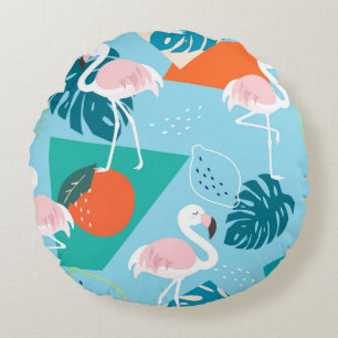Cojín Redondo Patrón Flamingo Tropical, Moderno.