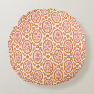 Cojín Redondo Patrón Floral Antiguo de Camafeo en Rosa y Naranja