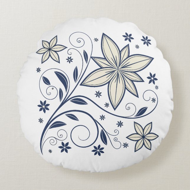 Cojín Redondo Patrón floral azul de la Marina Elegante | (Anverso)