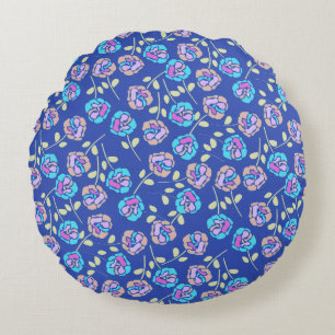 Cojín Redondo Patrón floral azul y púrpura