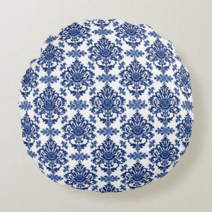 Cojín Redondo Patrón floral barroco de lujo azul real y blanco