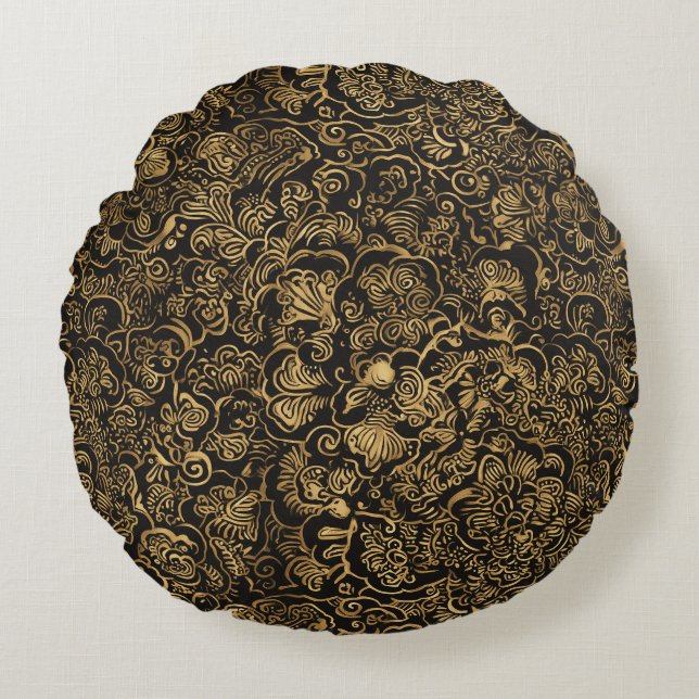 Cojín Redondo Patrón Floral Barroco Dorado sobre Negro (Anverso)