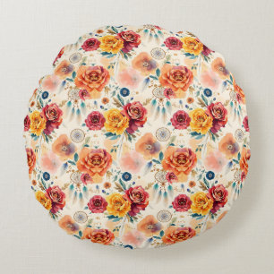 Cojín Redondo Patrón floral Boho vintage y plumas