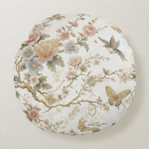 Cojín Redondo Patrón floral chino vintage con colibrí