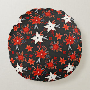 Cojín Redondo Patrón floral con flores rojas blancas-11438