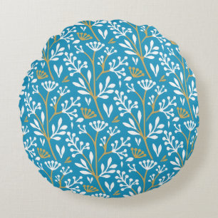 Cojín Redondo Patrón floral continuo: blanco y dorado sobre azul