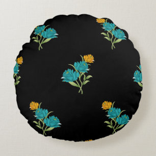 Cojín Redondo Patrón floral Coral turquesa verde sobre negro