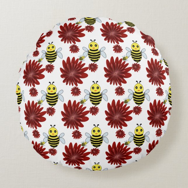 Cojín Redondo Patrón floral de abejas (Anverso)