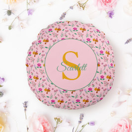 Cojín Redondo Patrón Floral de abejas y flores Monograma Nombre