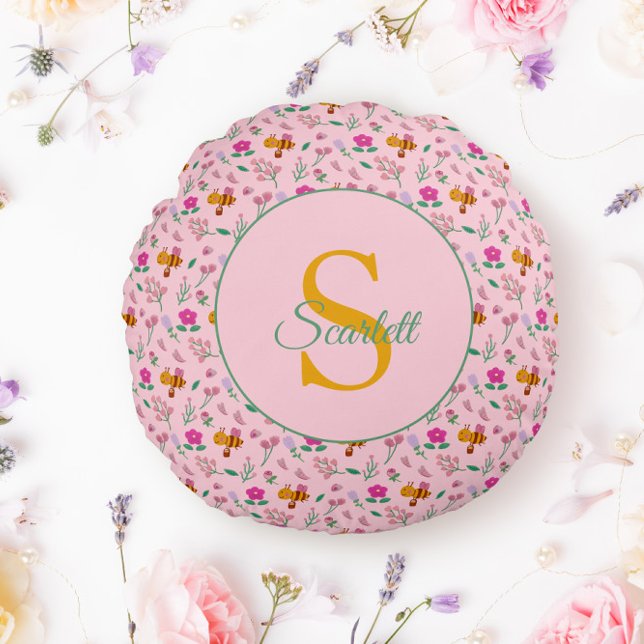 Cojín Redondo Patrón Floral de abejas y flores Monograma Nombre (Subido por el creador)