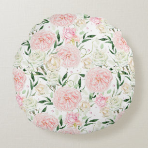 Cojín Redondo Patrón floral de acuarela de peonía y rosa de tono