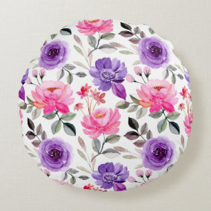 Cojín Redondo Patrón floral de acuarela vibrante en rosa y púrpu