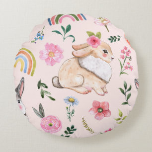Cojín Redondo Patrón floral de Conejos Cubiertos de Pascua