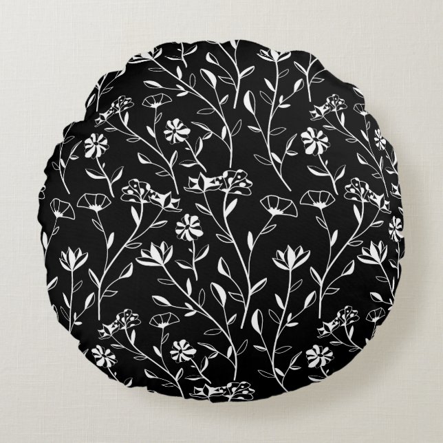 Cojín Redondo Patrón floral de contorno inmaculado. Dibujo de ma (Anverso)