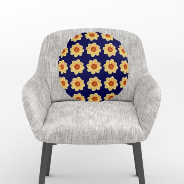 Cojín Redondo Patrón floral de Dahlia amarillo en azul (In Situ Chair)