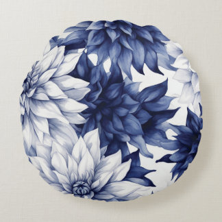 Cojín Redondo Patrón floral de Dahlia azul 1