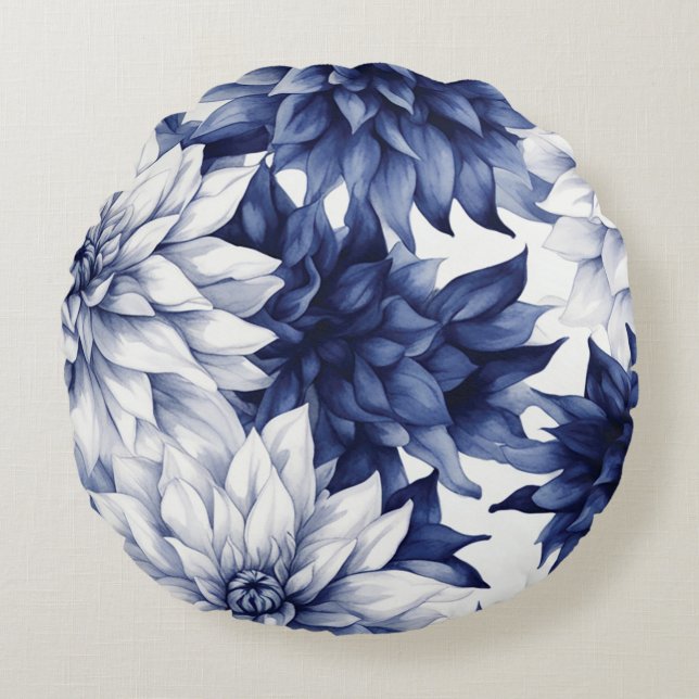 Cojín Redondo Patrón floral de Dahlia azul 1 (Anverso)