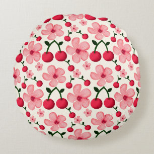 Cojín Redondo Patrón floral de flor de cerezo, flores rosadas